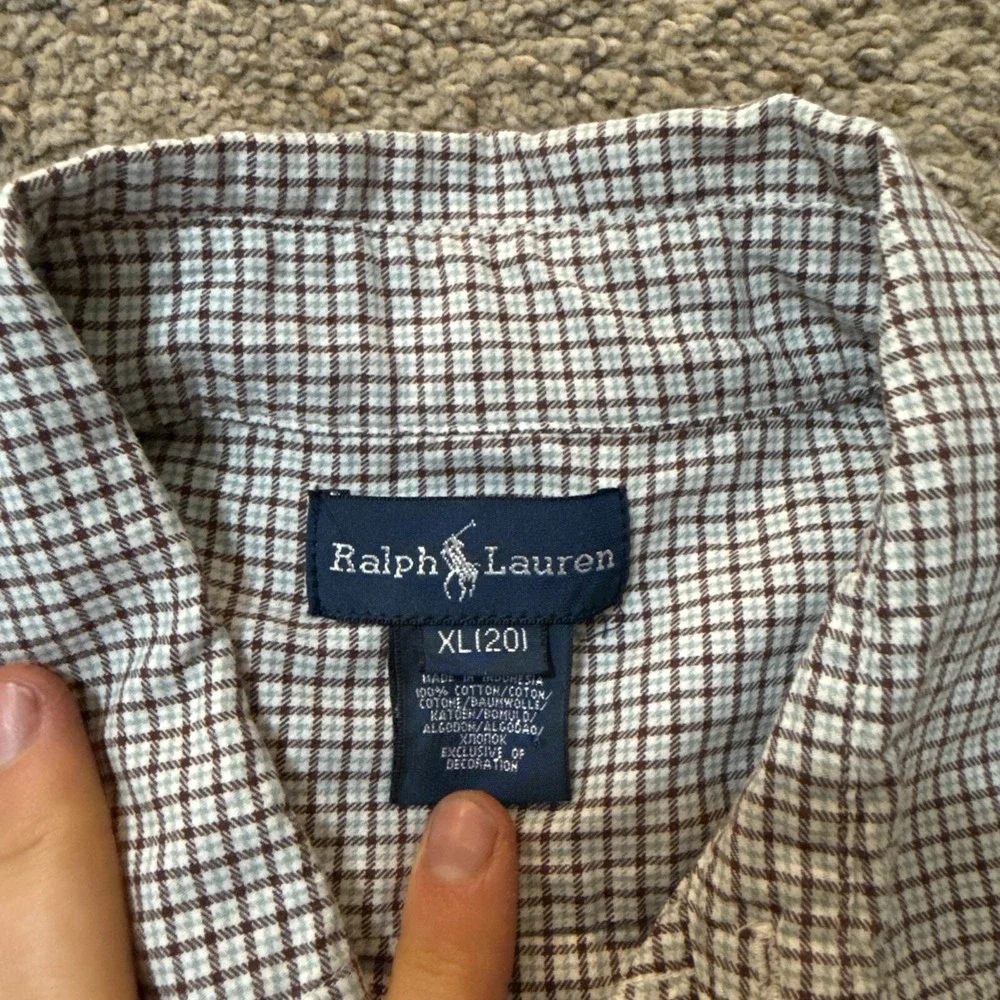 Polo Ralph Lauren Dress Shirt Boys XL 20‎ Blue Beige Plaid Blake Button Up